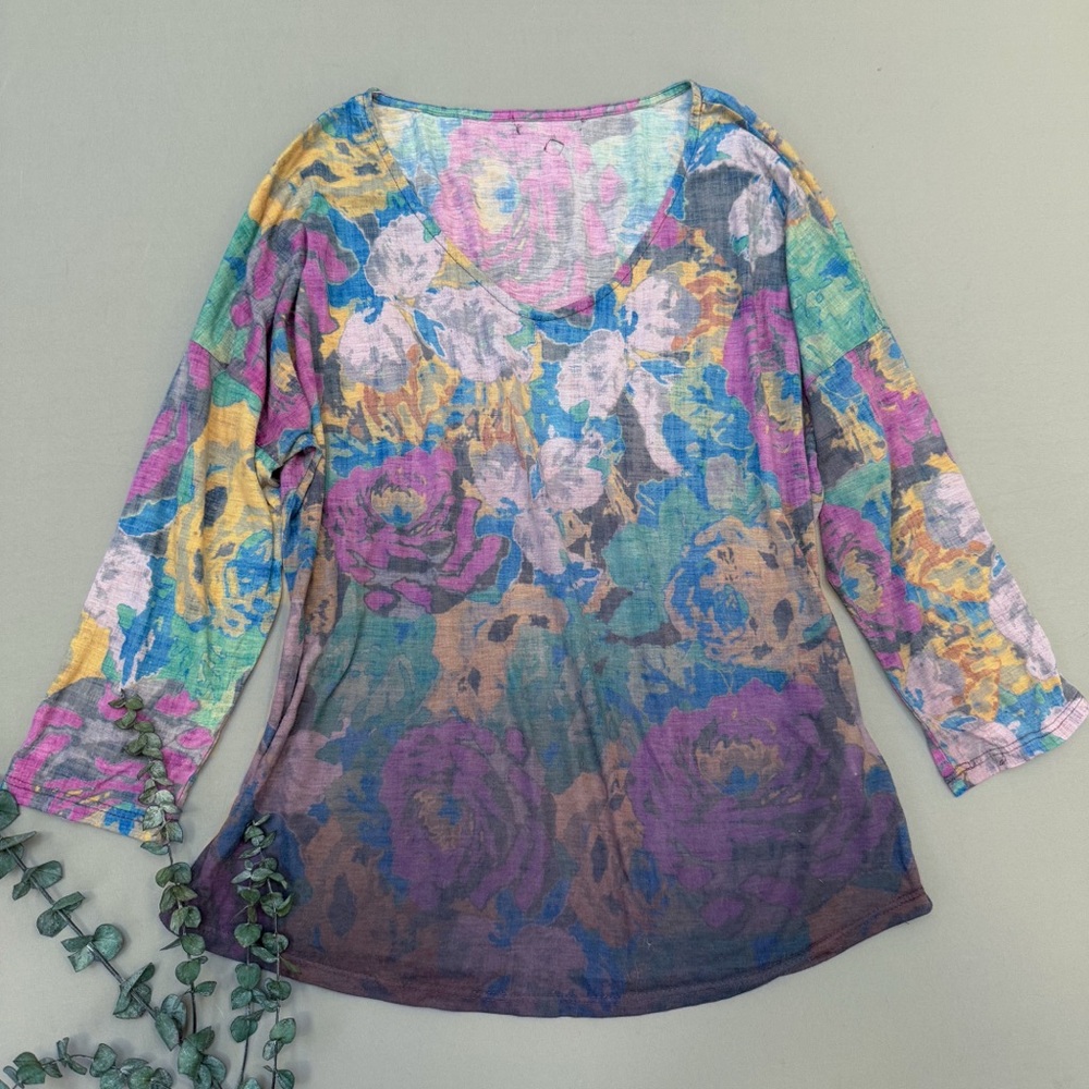 PRANA soft watercolor floral burnout tee top, S.